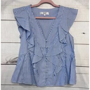 Crosby By Mollie Burch Blue White Stripes Ruffles Size MED Top Short Sleeve